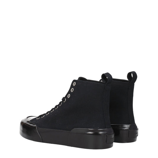A pair of black high top sneakers with laces, featuring a fabric upper and a rubber sole