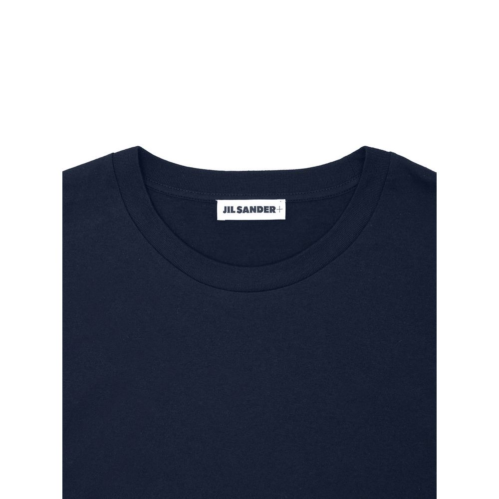 Navy blue t-shirt with white label on neck