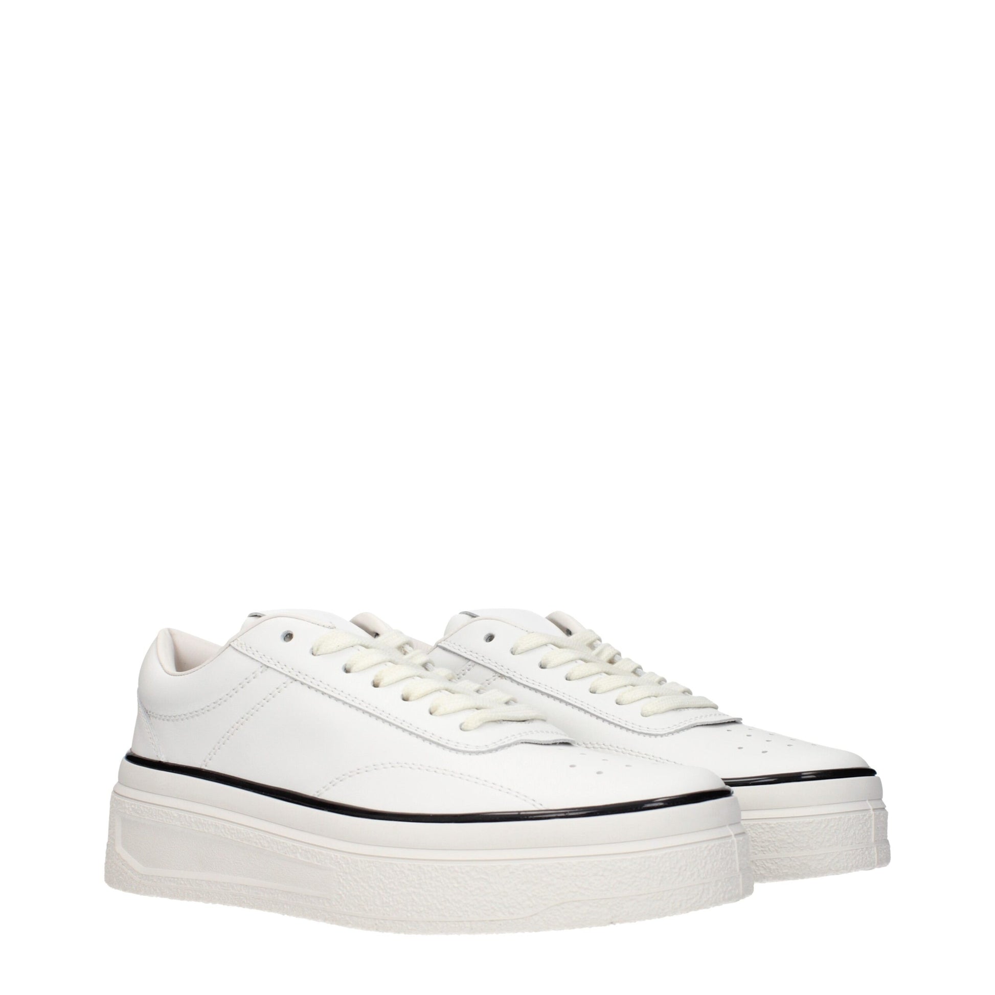 Pair of white leather platform sneakers with black laces and soles, featuring a low-top design
