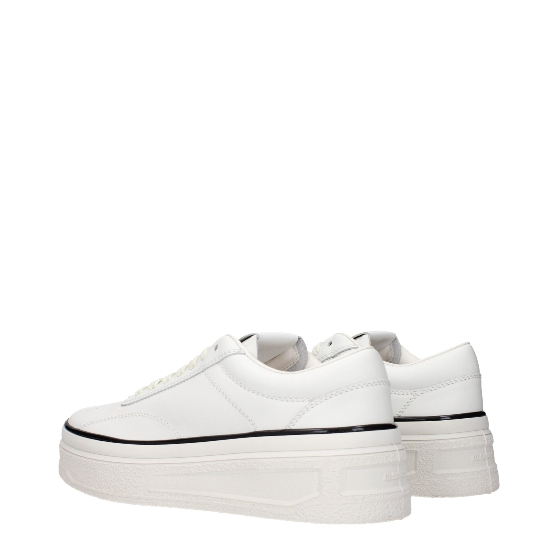 Pair of white leather platform sneakers with black laces and soles