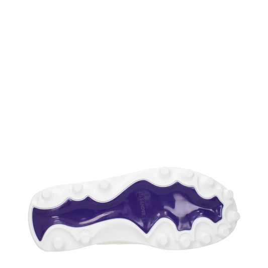 Pair of white leather sneakers with purple accents, featuring a unique design and textured sole