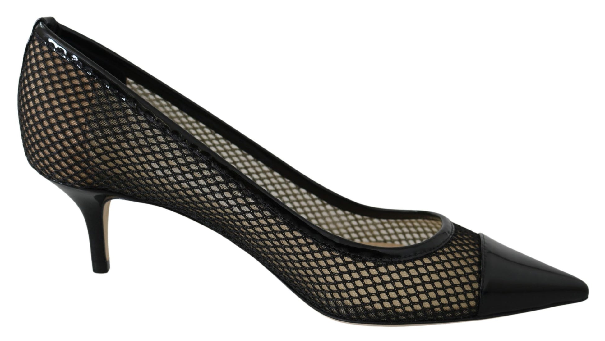 Black high heel shoes with mesh design and pointed toe