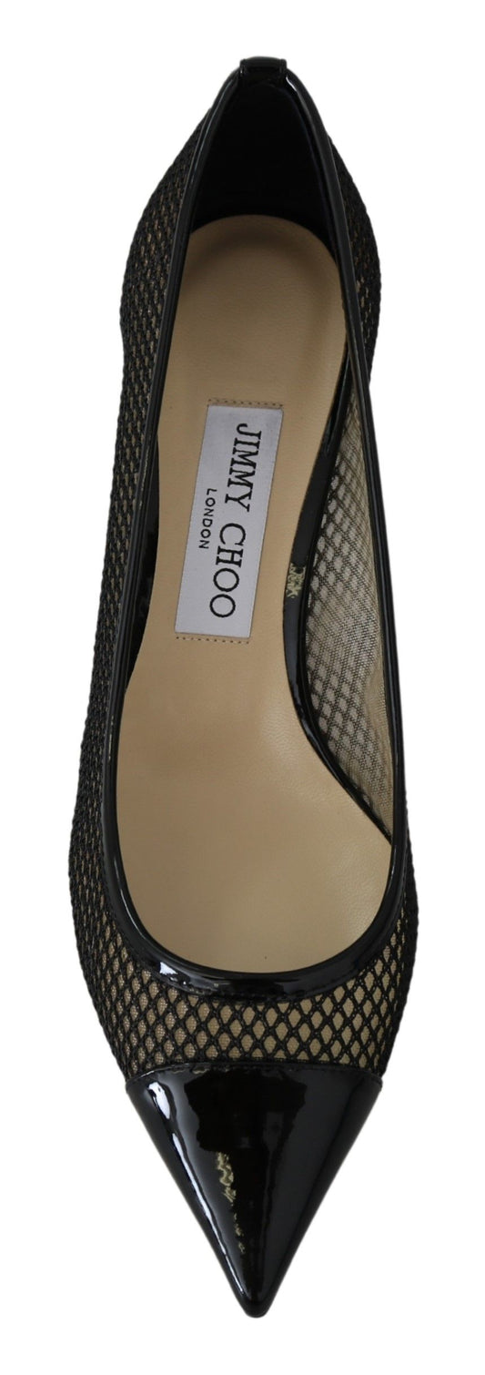 Black high heel shoe with a bow on top of the toe