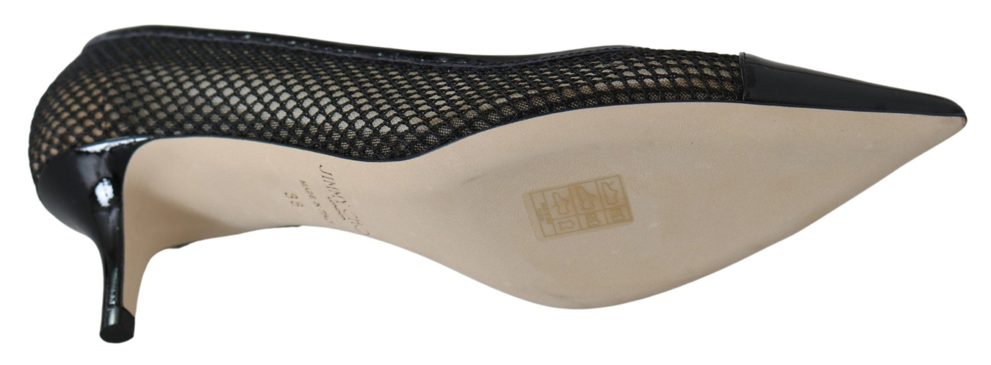 High heel shoe with black toe and heel, tan body, and a patterned design on the vamp