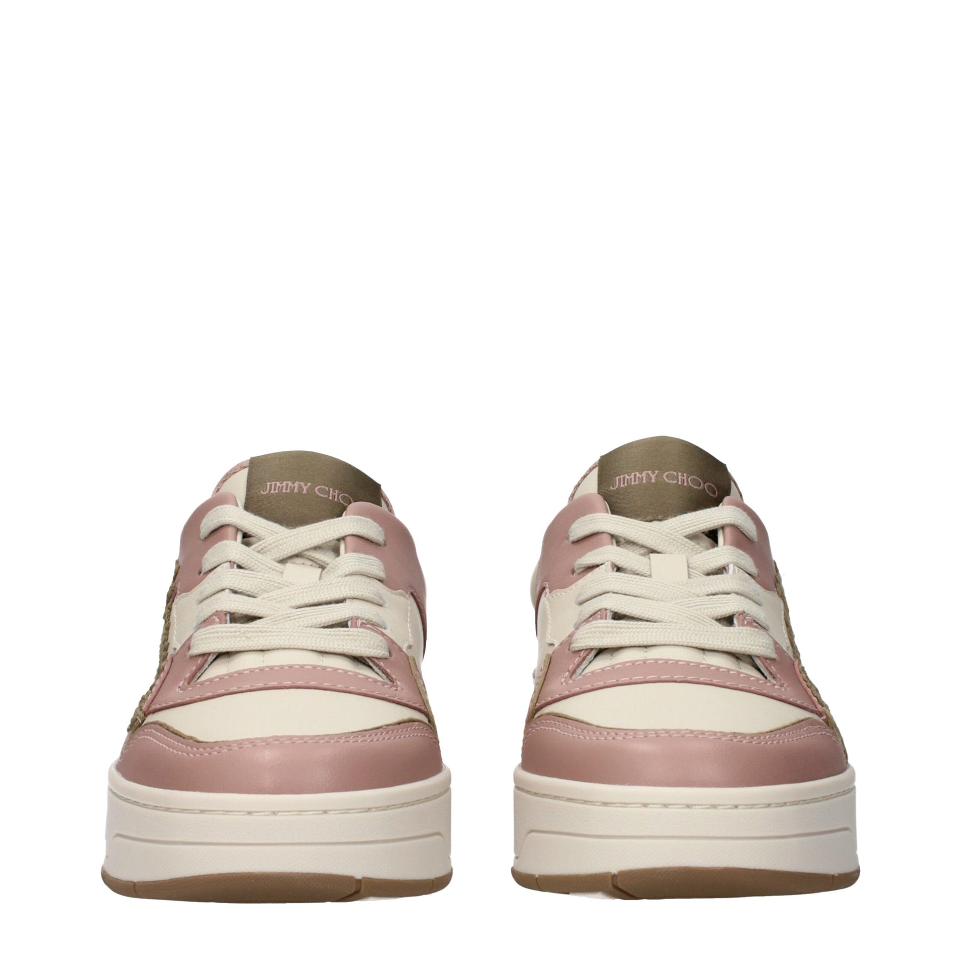 Pair of pink leather sneakers with white laces, featuring a low top design and the Jimmy Choo logo on the side