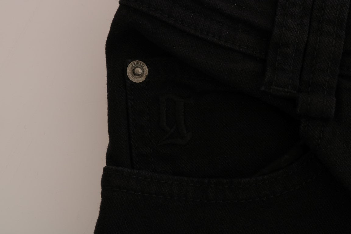Pair of black jeans with a buttoned pocket on the left leg
