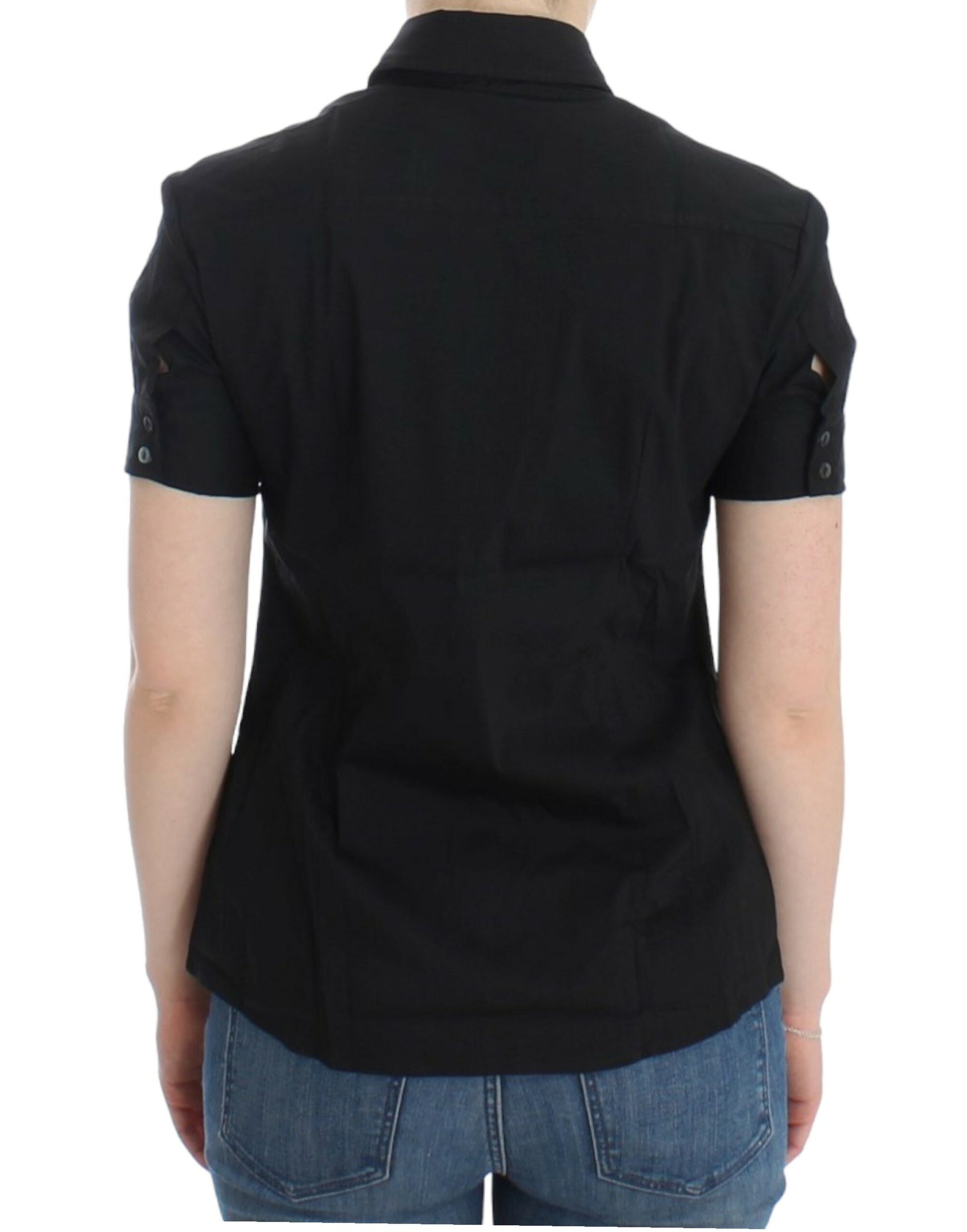 Black short sleeve shirt on a person