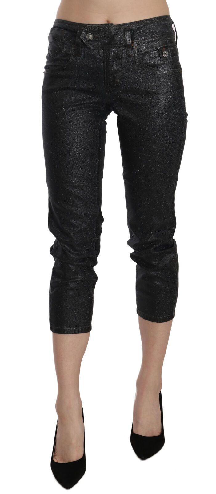 Pair of black denim jeans with distressed detailing