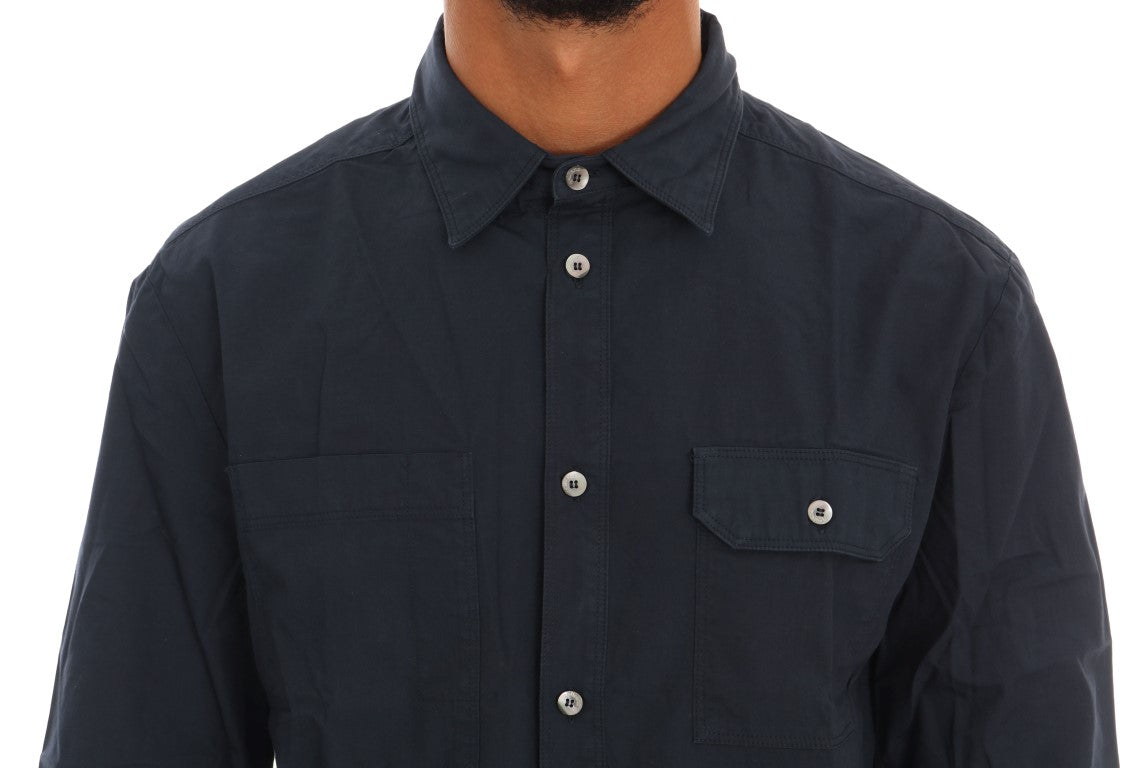 Navy blue jacket with buttoned front and side pockets