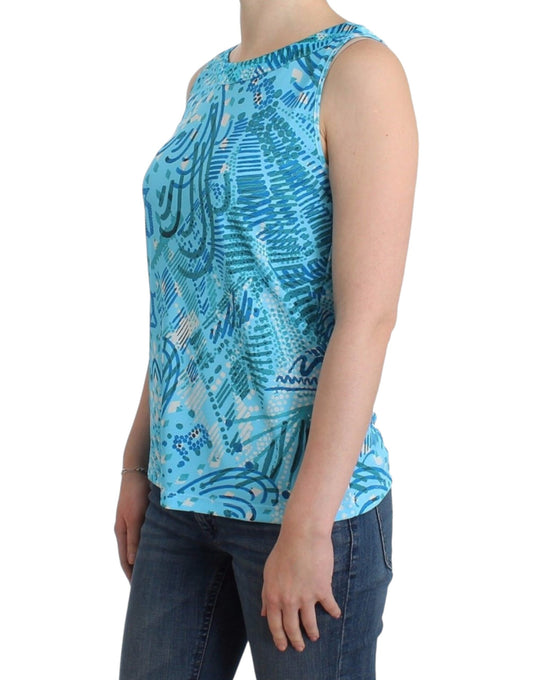 Blue patterned sleeveless top on woman