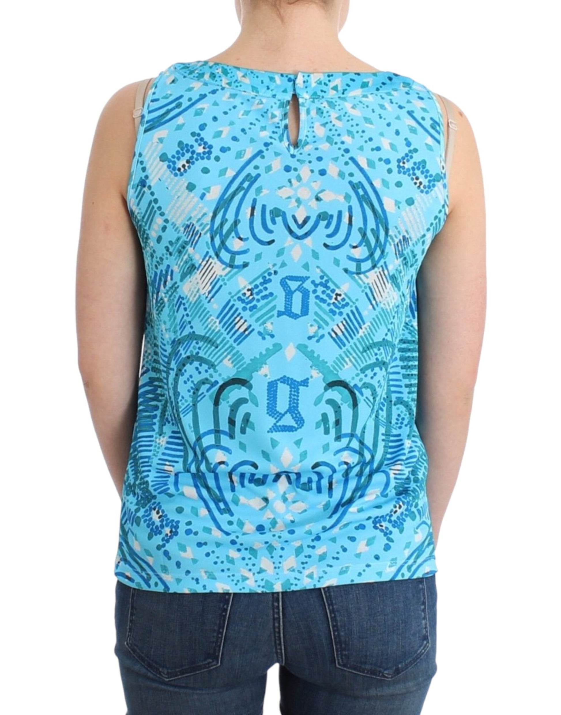 Blue tank top with floral pattern on back