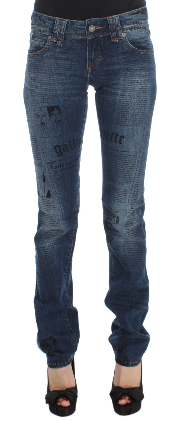 Pair of distressed jeans with newspaper print