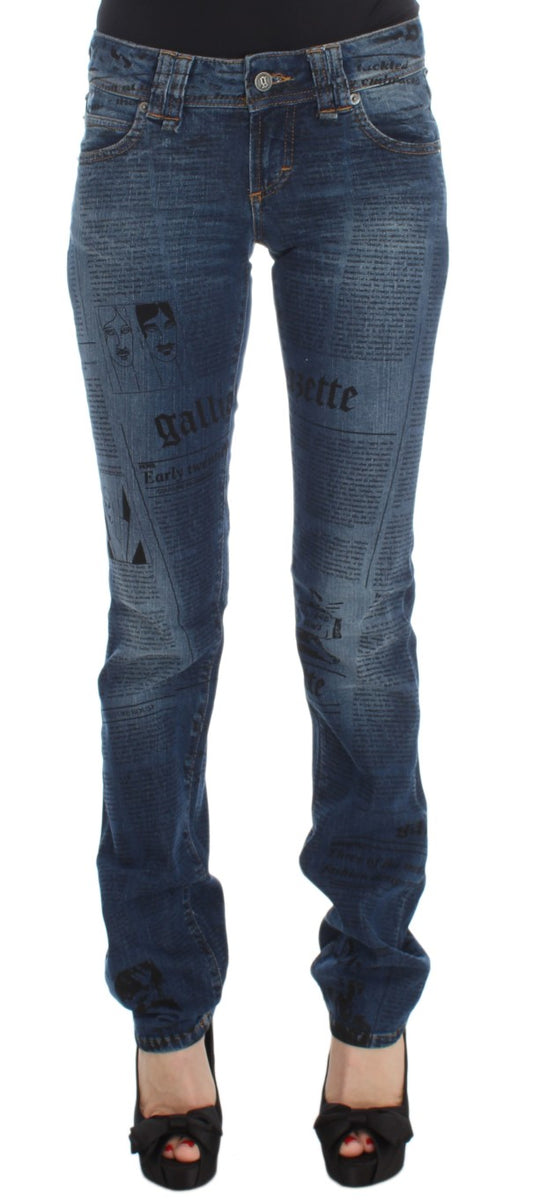 Pair of distressed jeans with newspaper print
