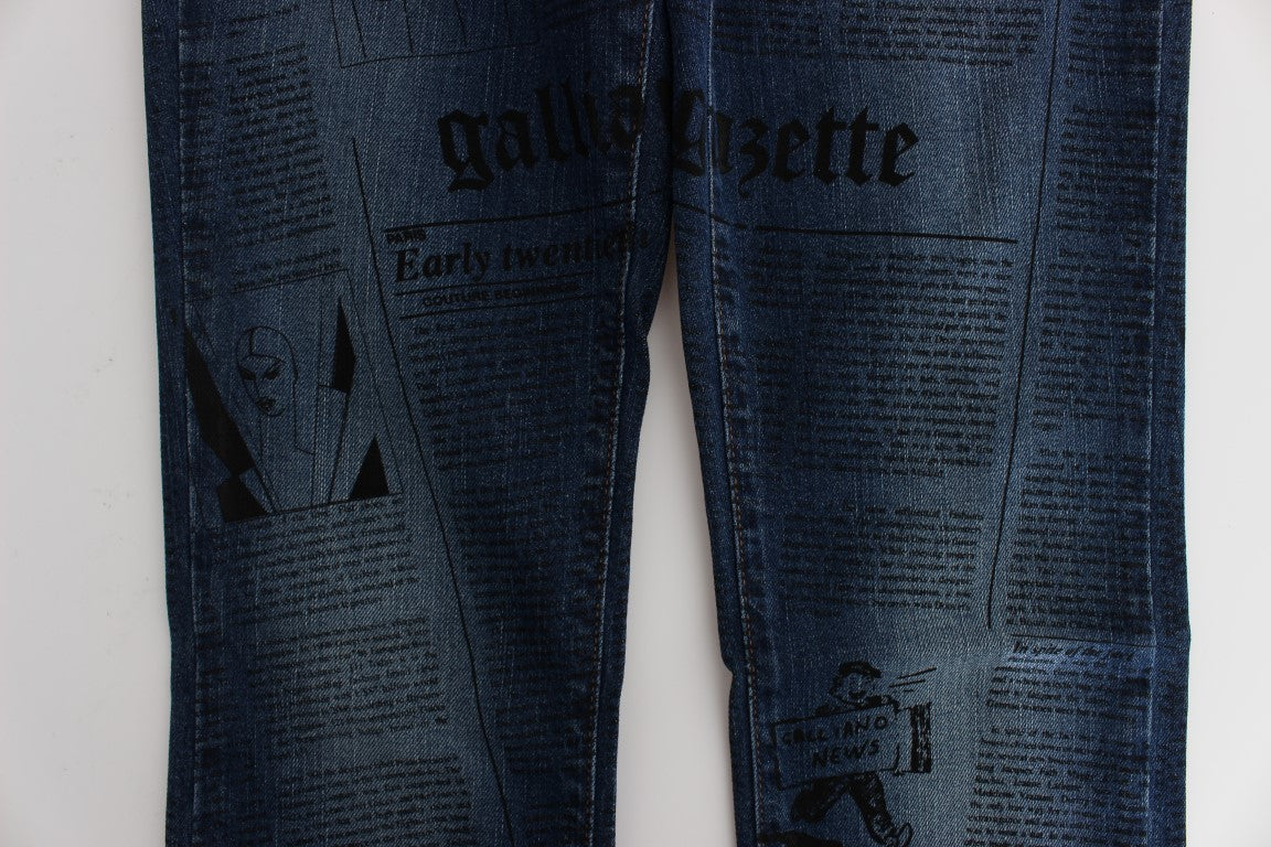Pair of blue jeans with newspaper print design