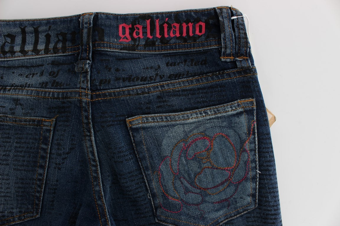 Pair of blue jeans with red lettering on back pocket