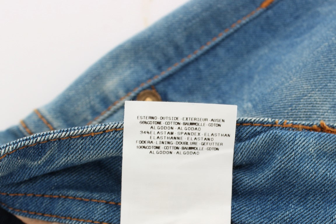 Blue denim jeans with tag inside waistband