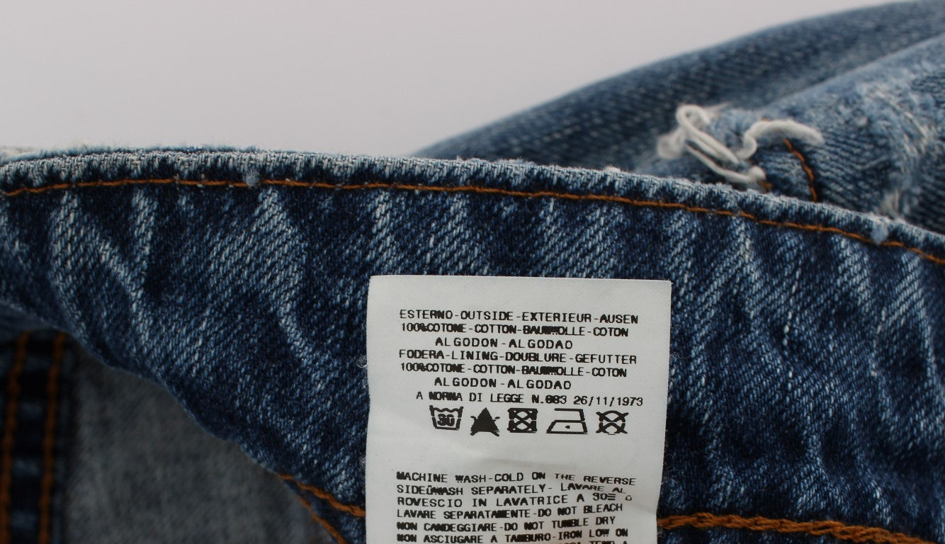 Blue denim jeans with white label on waistband