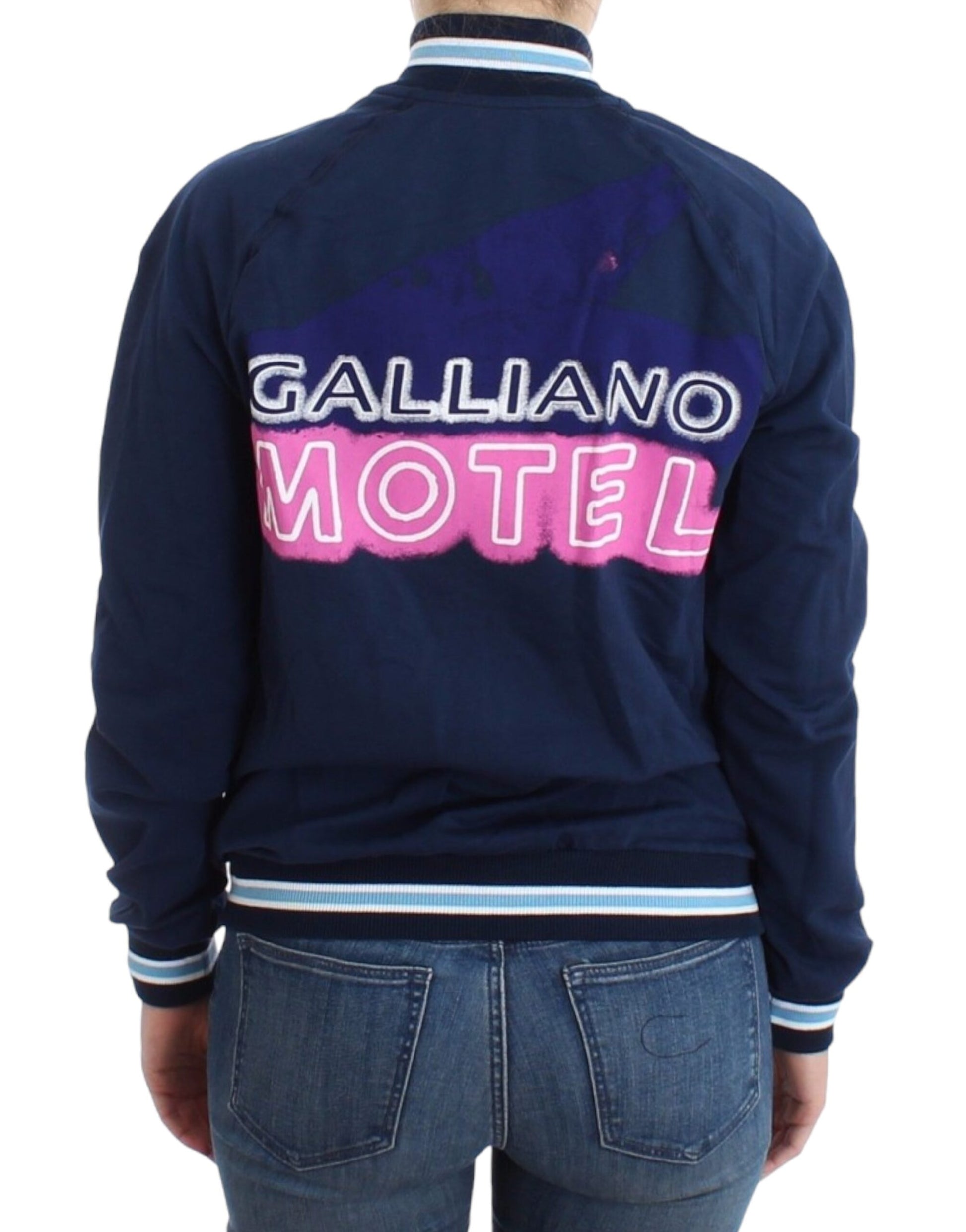 Blue jacket with pink lettering on back