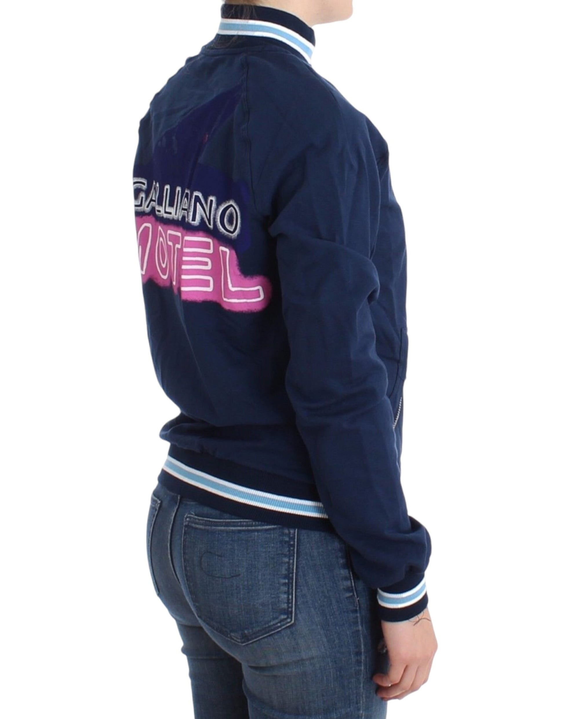 Blue jacket with pink lettering on back