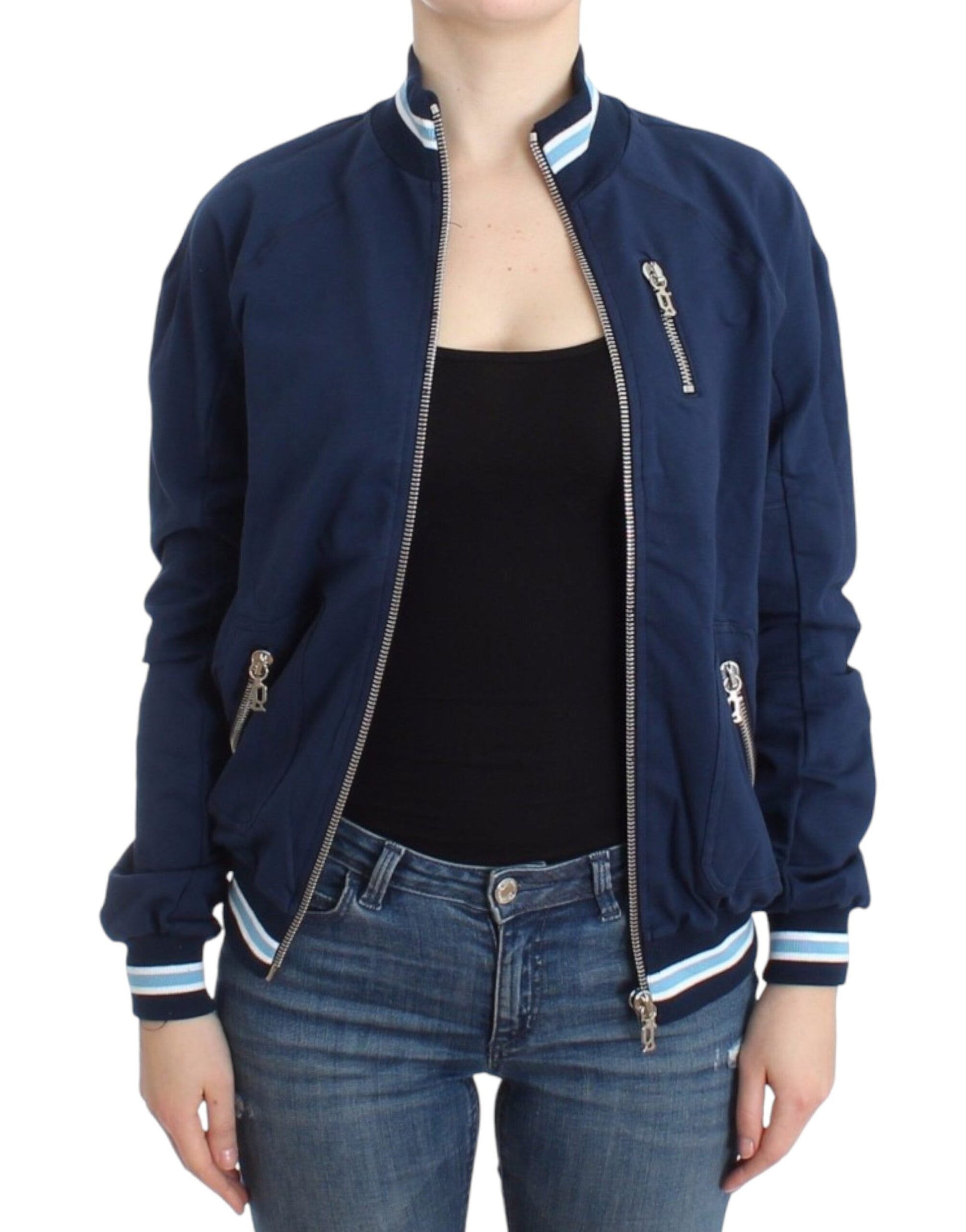 Woman wearing blue jacket with zippered front panel