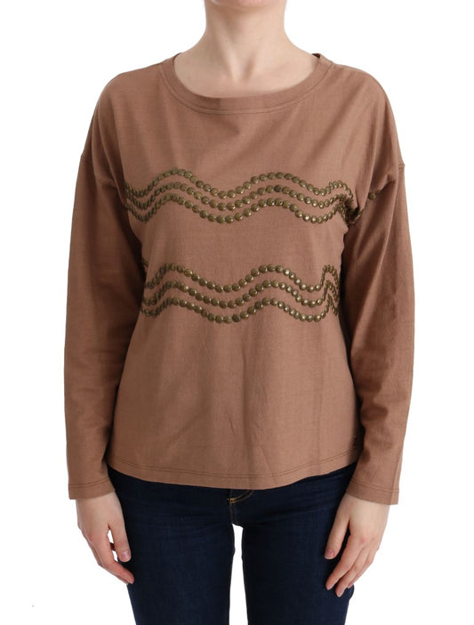 Long sleeve brown sweater with embroidered design on front