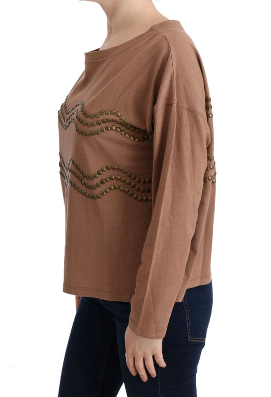 Long sleeve brown sweater with embroidery on front