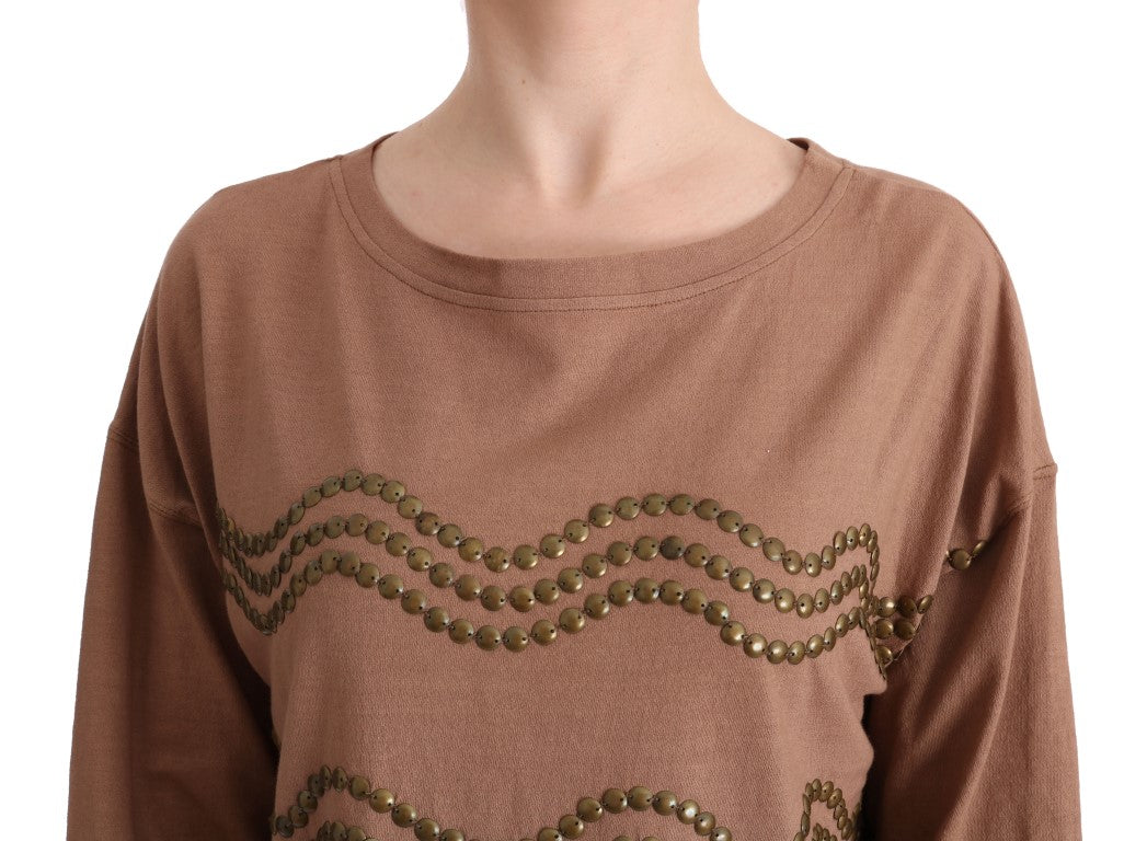 Brown long sleeve sweater with embroidered design on front