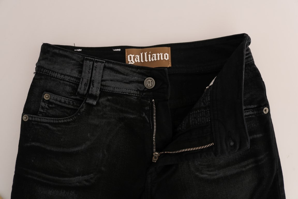 Black denim jeans with zipper fly and button waistband