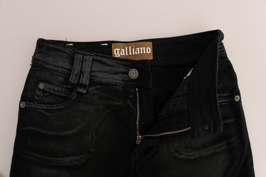 Black denim jeans with zipper fly and button waistband