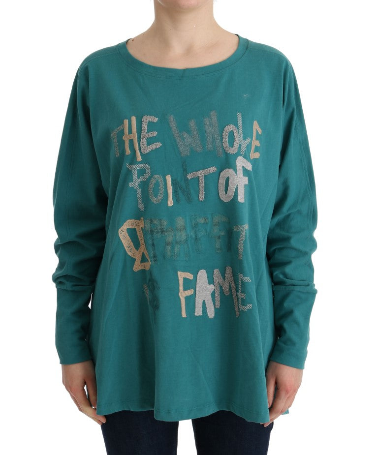 Long sleeve teal shirt with handwritten style lettering
