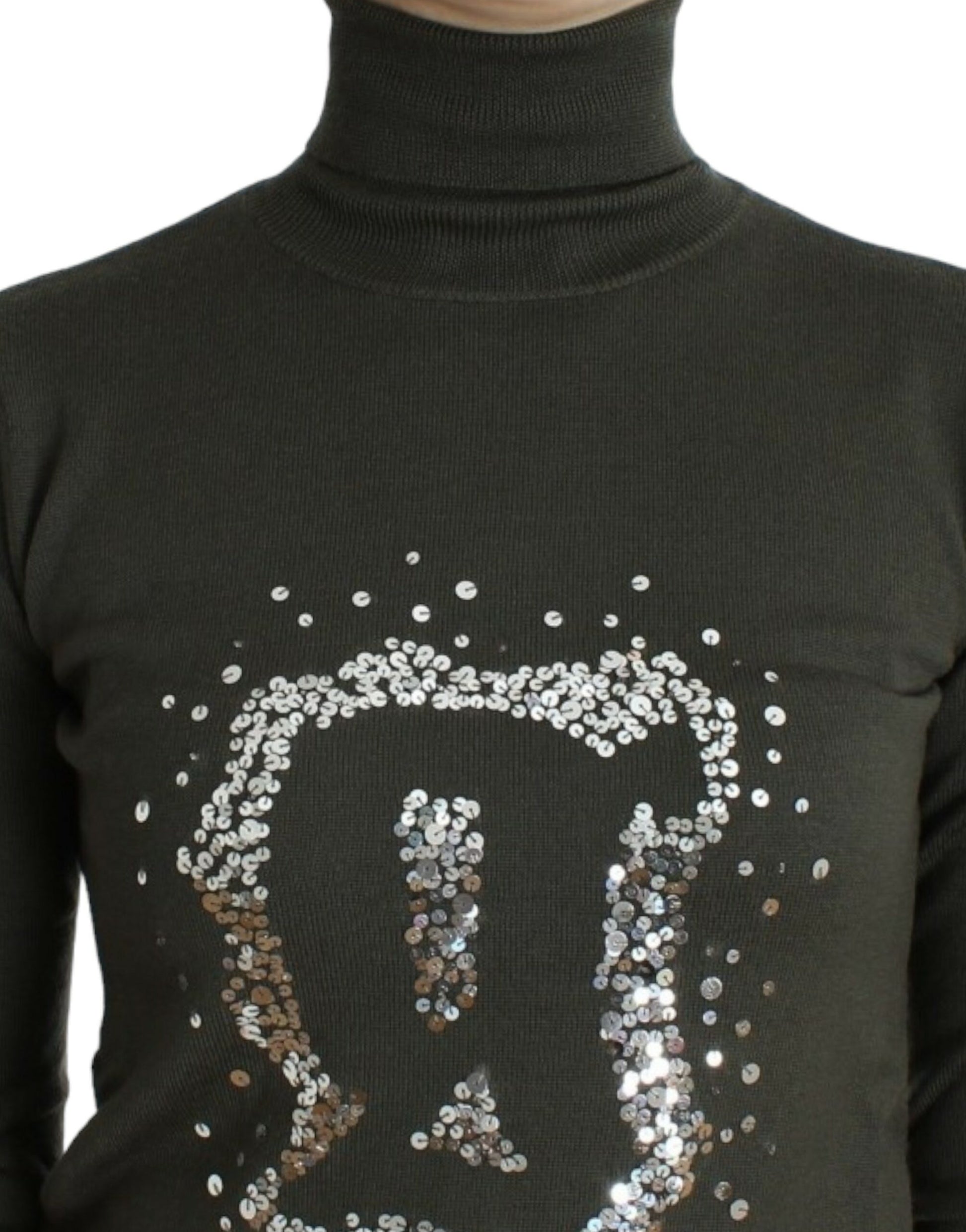 Black turtleneck sweater with sparkly lettering on front