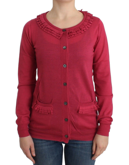 Red long sleeve sweater with fringe details on cuffs
