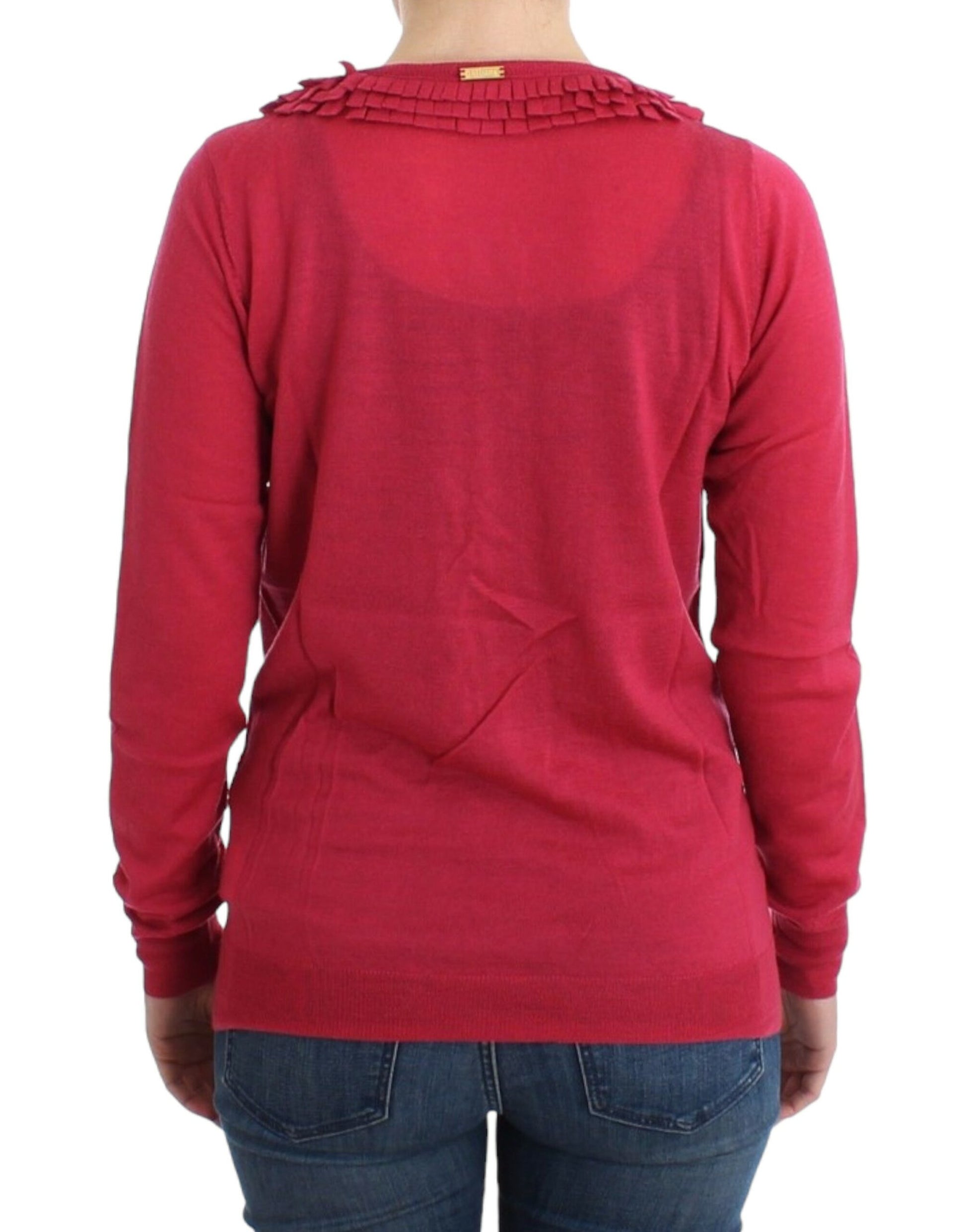 Red long sleeve sweater on a person's back