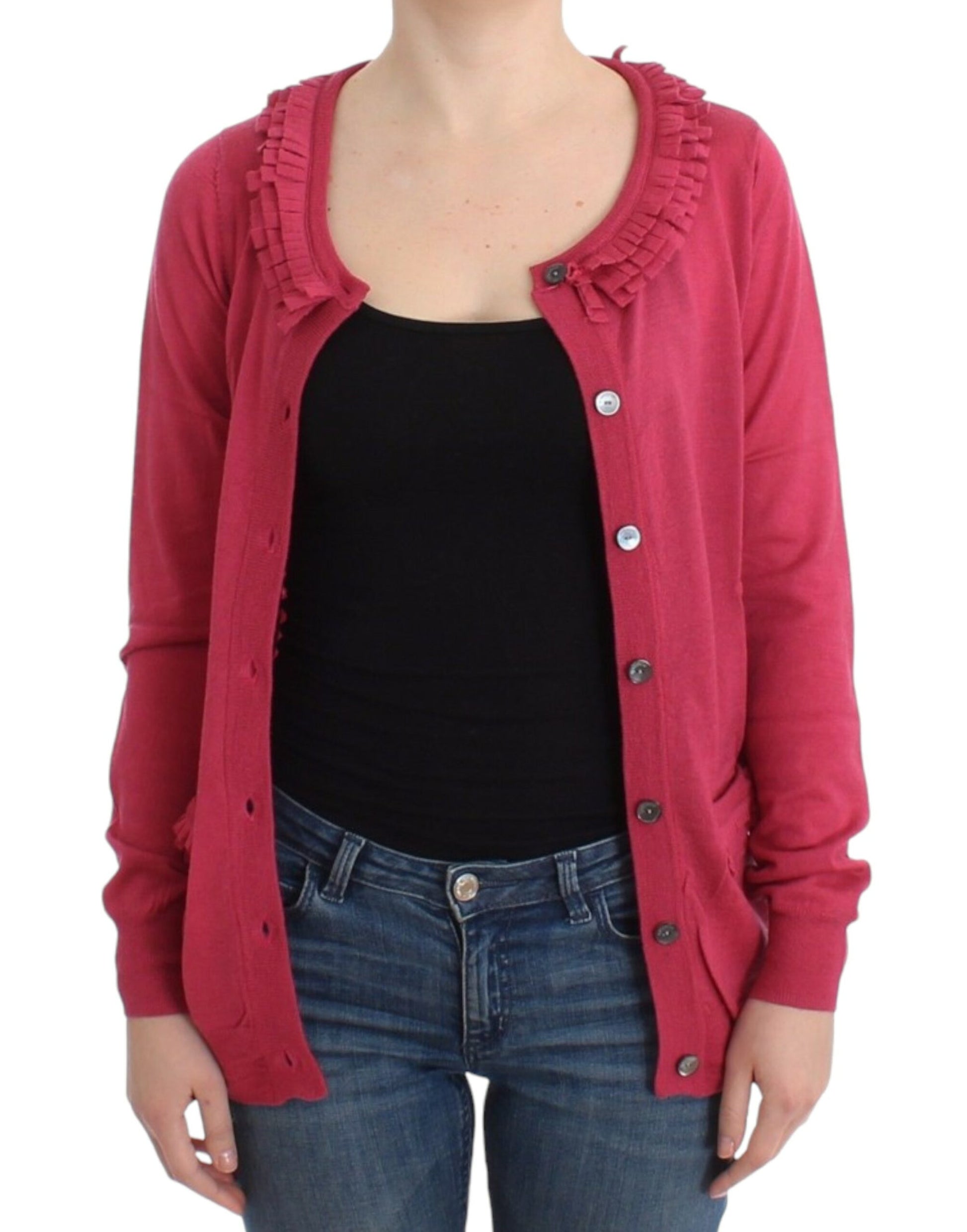 Woman wearing red cardigan over black shirt