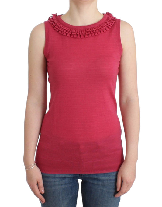 Woman wearing red sleeveless top with ruffled neckline