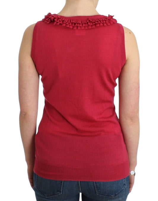 Red sleeveless top with ruffled hem