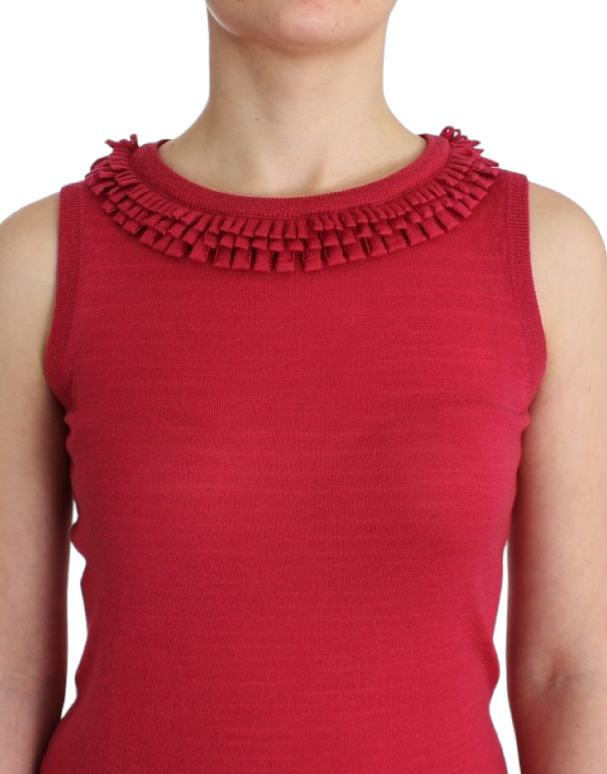 Red sleeveless top with ruffled neckline