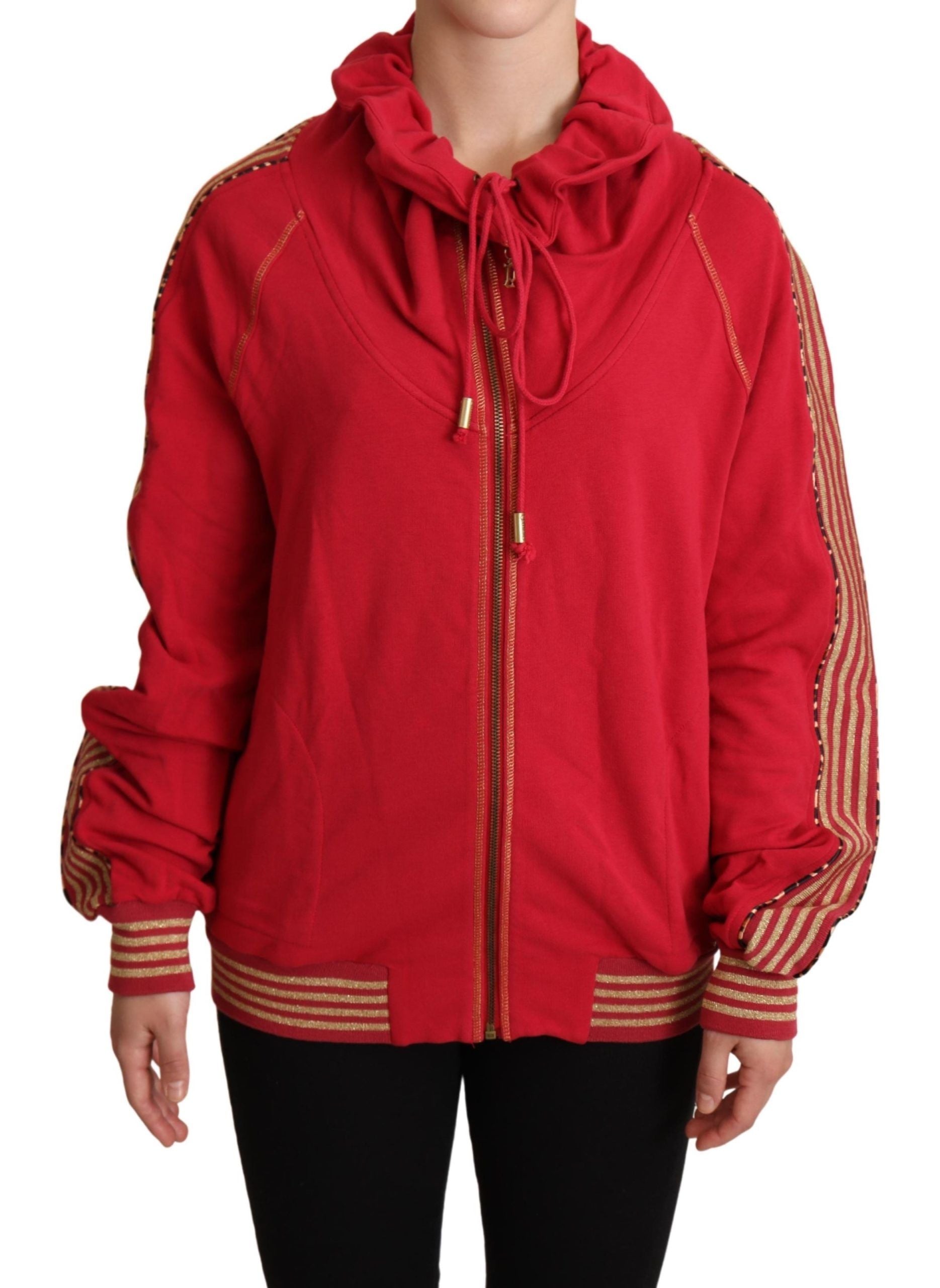 Red jacket with hood and stripes on sleeves