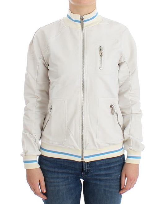 White jacket with blue trim on woman