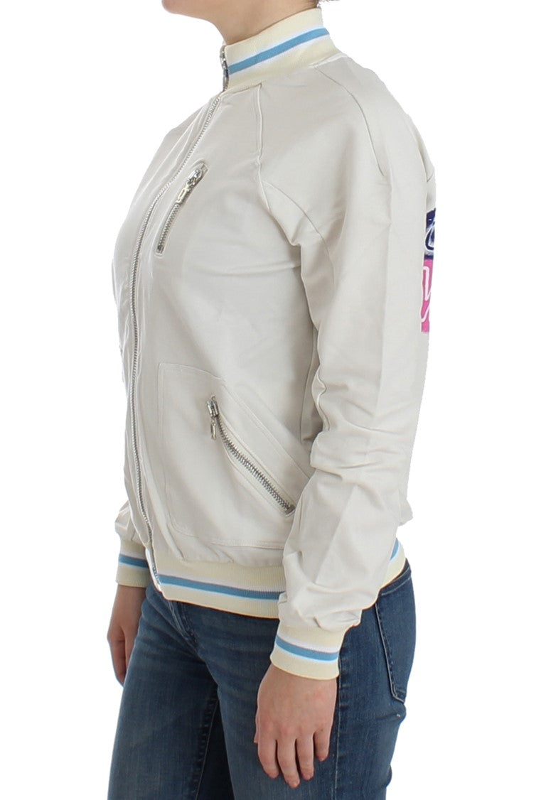 White leather jacket with zippered front and blue stripe on sleeve