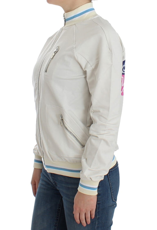 White leather jacket with zippered front and blue stripe on sleeve