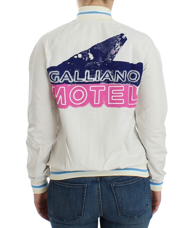 White jacket with pink logo on back