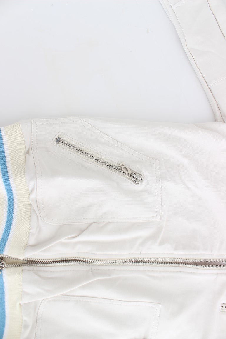 White astronaut suit with blue stripes on sleeves
