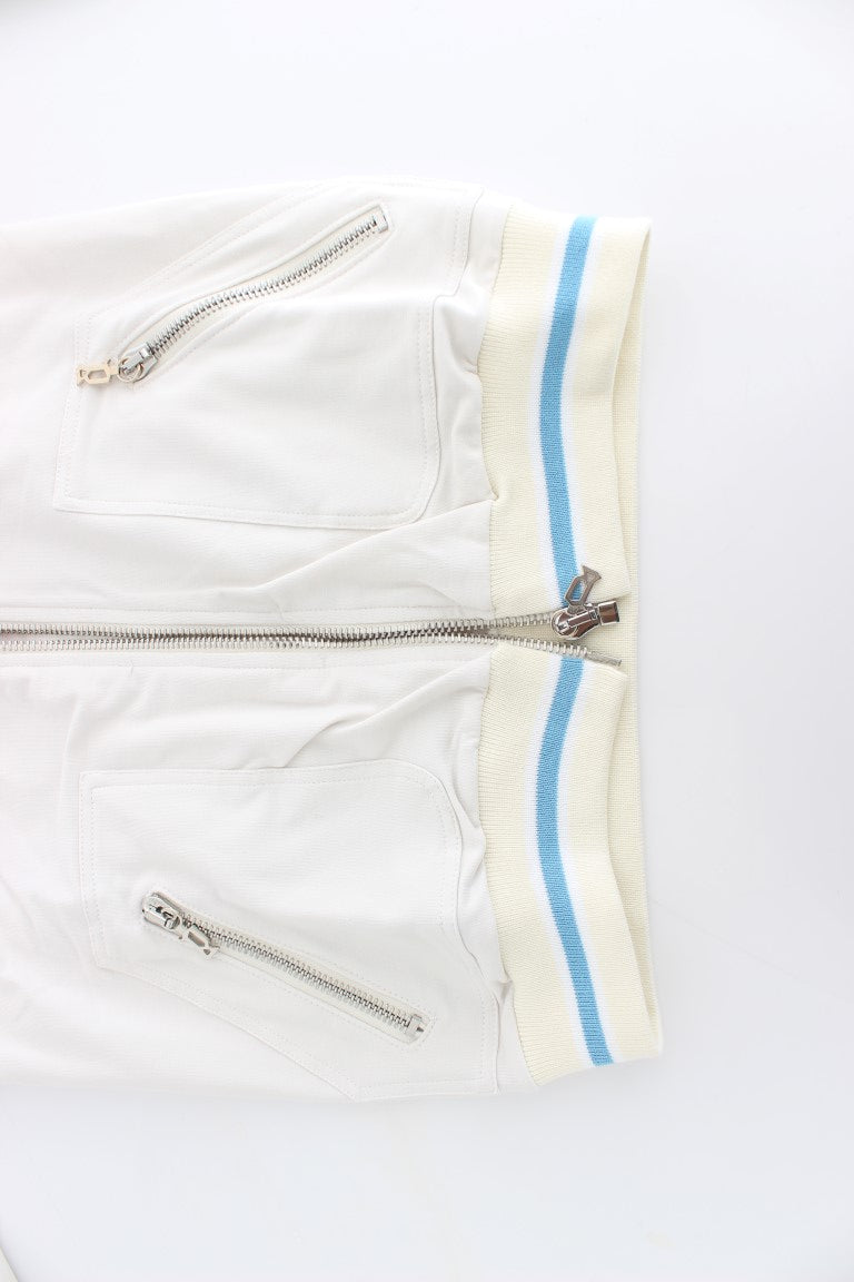 White jacket with blue stripes on sleeves and bottom hem