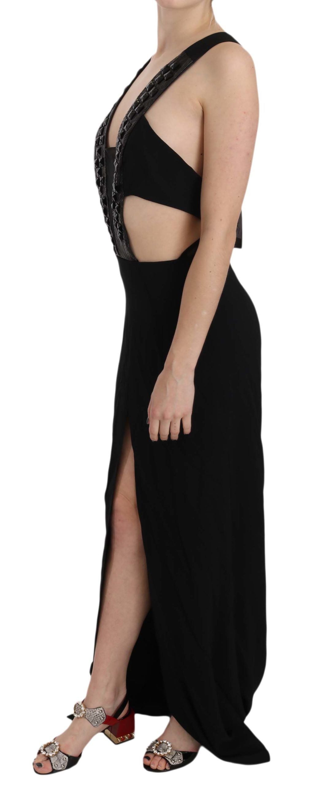 A black strapless gown with a flared skirt, featuring crystal embellishments and leather detailing