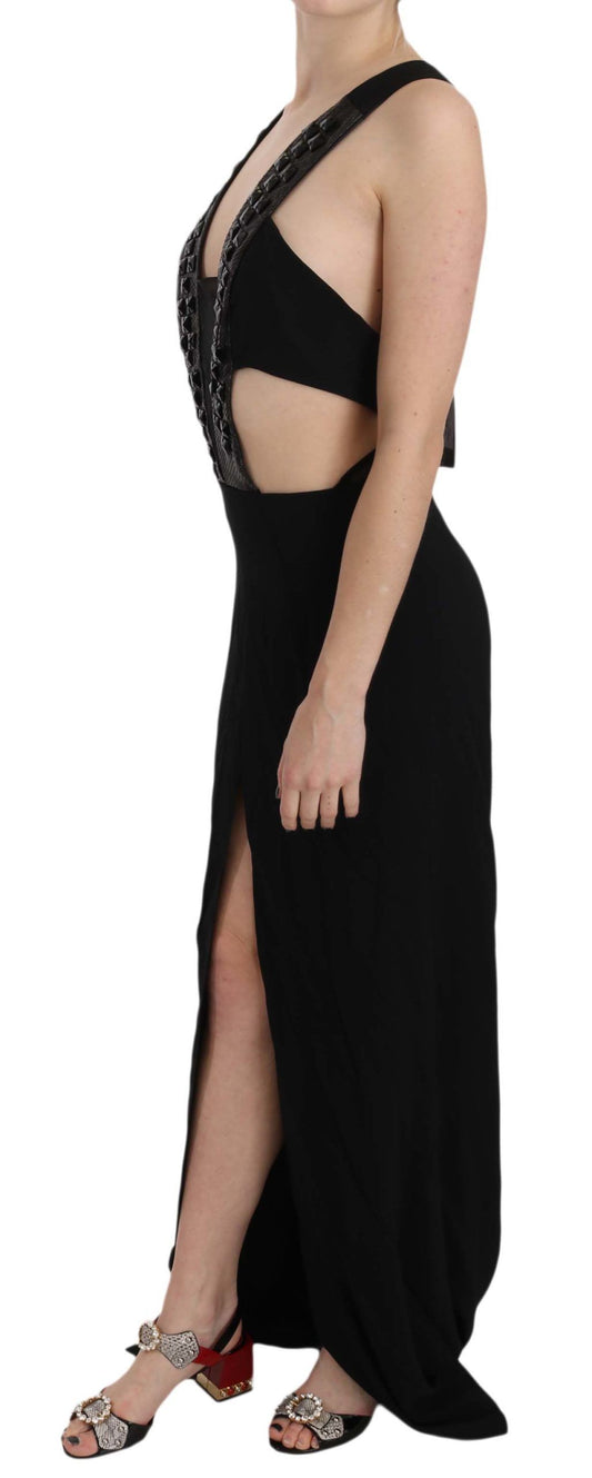 A black strapless gown with a flared skirt, featuring crystal embellishments and leather detailing