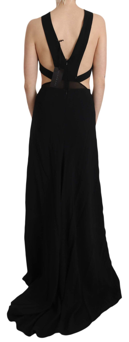 A black strapless gown with a flared skirt, featuring crystal embellishments and leather detailing