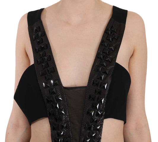 A black dress with crystal embellishments on the bodice
