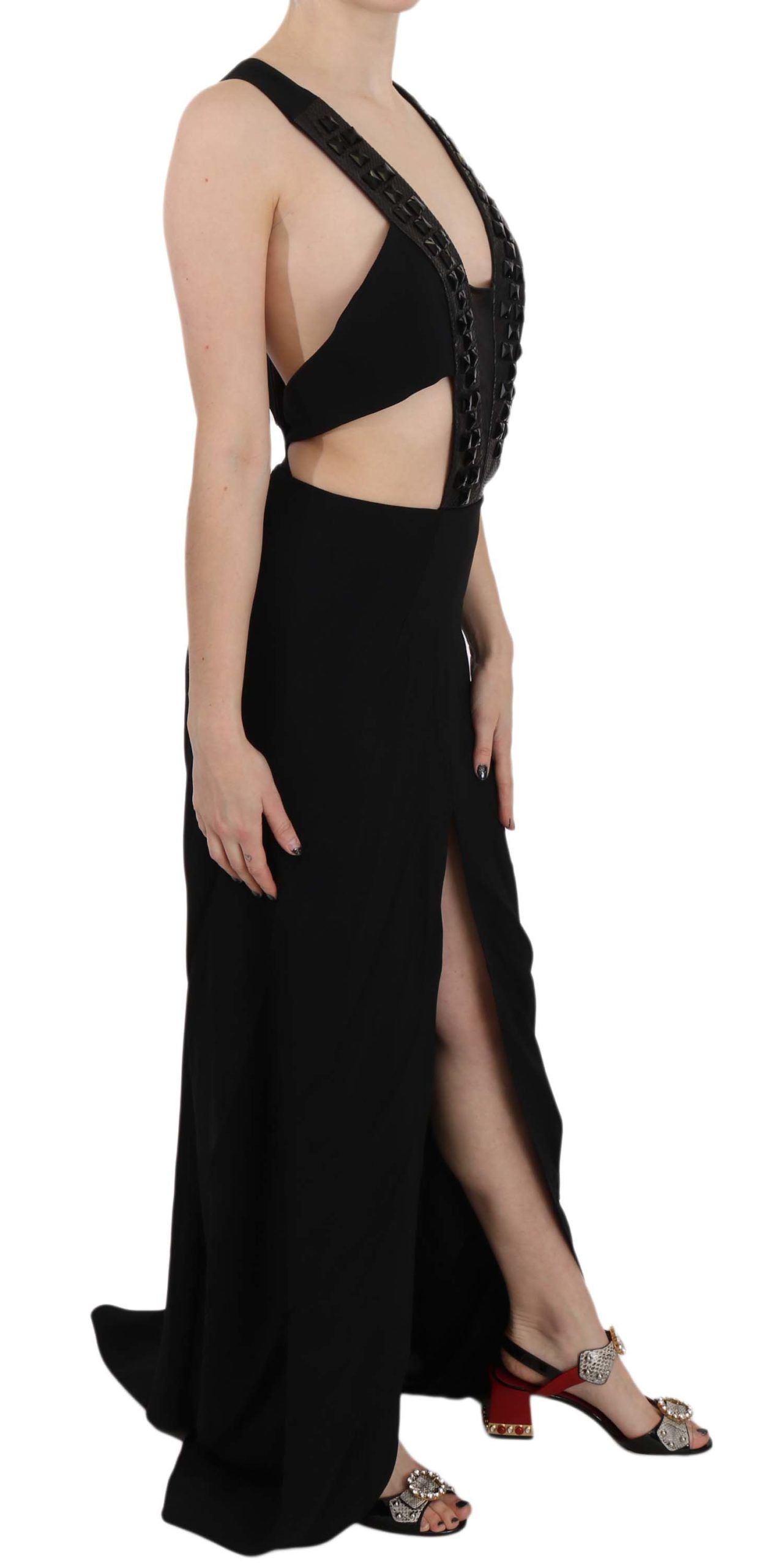 A black strapless gown with a flared skirt, featuring crystal embellishments and leather detailing