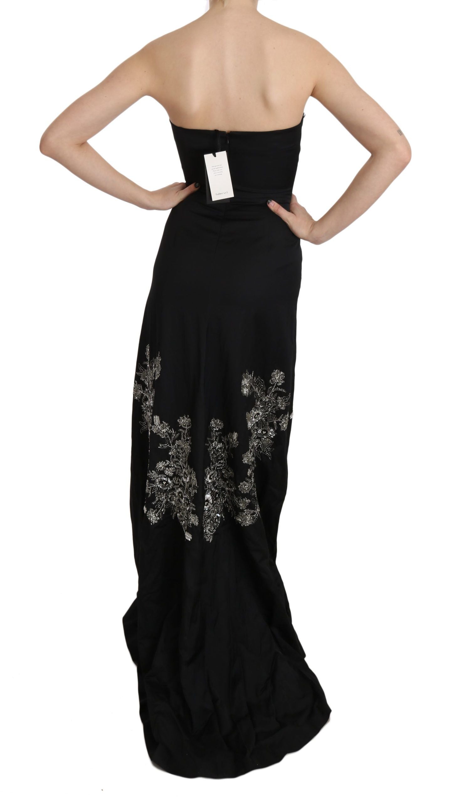 A black sequined flare ball gown dress with a backless design and embellishments on the bodice